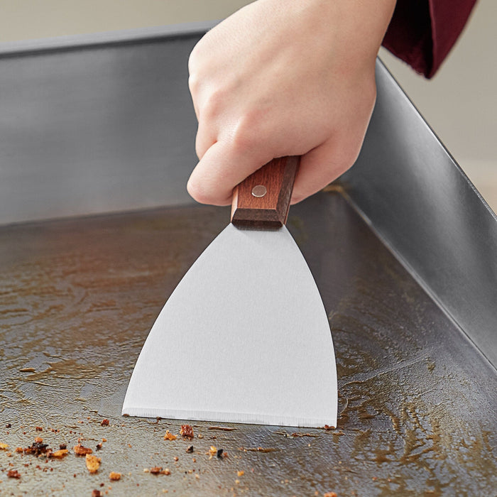 Tablecraft 4 inch Stainless Steel Grill Scraper with Wood Handle Expertly slide burgers, bacon, eggs, or buns off of your grill with this Tablecraft  4 inch blade grill scraper with wooden handle-254 Hannah's Variety Store