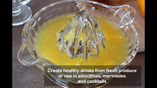 Tablecraft Glass Juicer, Clear Measures 6 inch diameter Easy to clean, dishwasher safe Dimensions: 8.5 x 6 x 3.25 When life hands you lemons, grab TableCrafts glass juicer with handle, and make lemonade-H223 Hannah's Variety Store