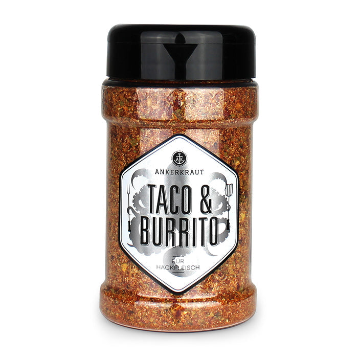 Ankerkraut Burrito Gewürzmischung im Gewürzstreuer vor weißem Hintergrund.