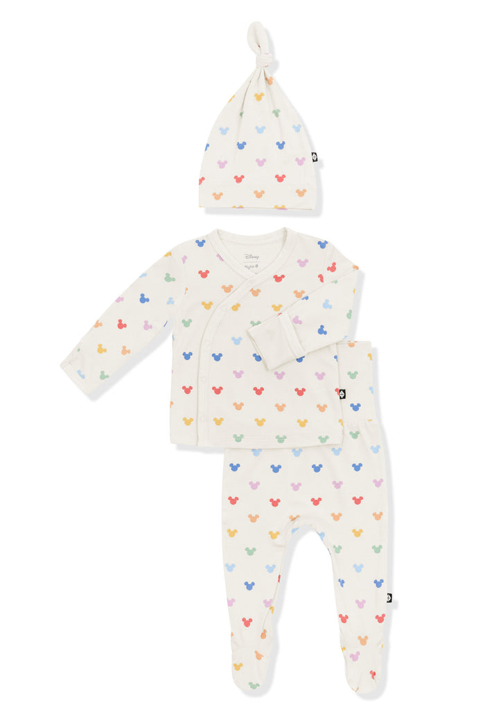 Baby Take Me Home Set with Cap with Pastel Mickey Mouse pattern on an oat background