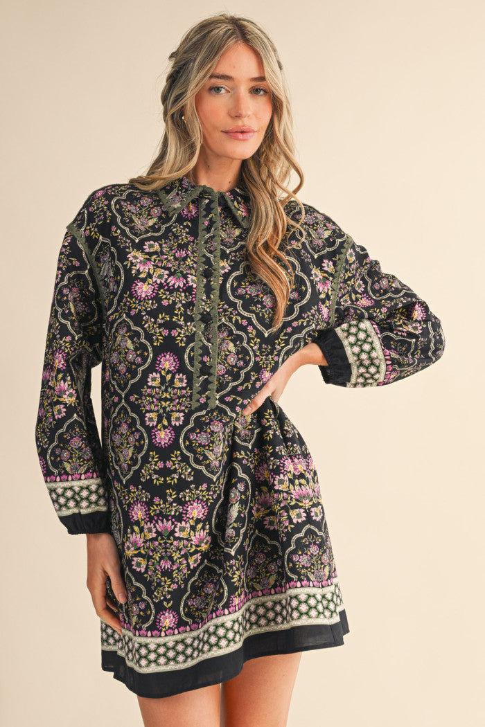 Taking My Time Floral Print Blanket Stitch Mini Dress - Black