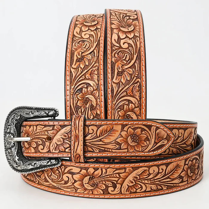 Tan Hand-Tooled Leather Belt with Classic Floral Design & Silver Buckle