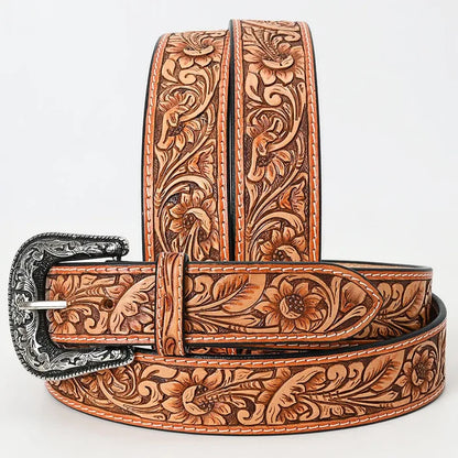 Tan Hand-Tooled Leather Belt with Classic Floral Design & Silver Buckle