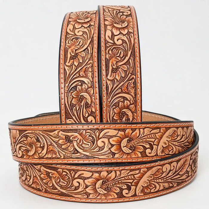 Tan Hand-Tooled Leather Belt with Classic Floral Design & Silver Buckle