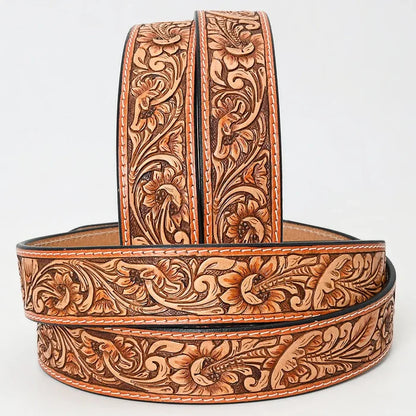 Tan Hand-Tooled Leather Belt with Classic Floral Design & Silver Buckle
