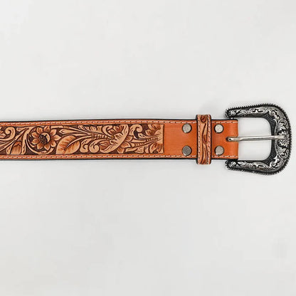 Tan Hand-Tooled Leather Belt with Classic Floral Design & Silver Buckle