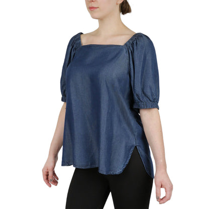 Tencel Denim Bateau Neckline  With Elastic Cuff Peasant Sleeve Blosue