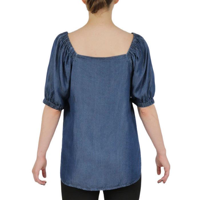 Tencel Denim Bateau Neckline  With Elastic Cuff Peasant Sleeve Blosue