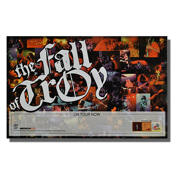 Poster for The Fall of Troy live performance against white background. Poster has a collage of the band playing live. "THE FALL OF TROY" is printed on the left side in white. A transparent white rectangle is on the bottom of poster with "ON TOUR NOW" printed at top of rectangle.