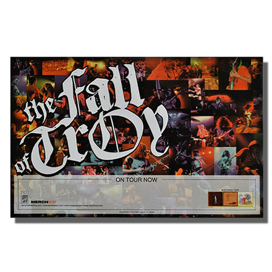Poster for The Fall of Troy live performance against white background. Poster has a collage of the band playing live. "THE FALL OF TROY" is printed on the left side in white. A transparent white rectangle is on the bottom of poster with "ON TOUR NOW" printed at top of rectangle.