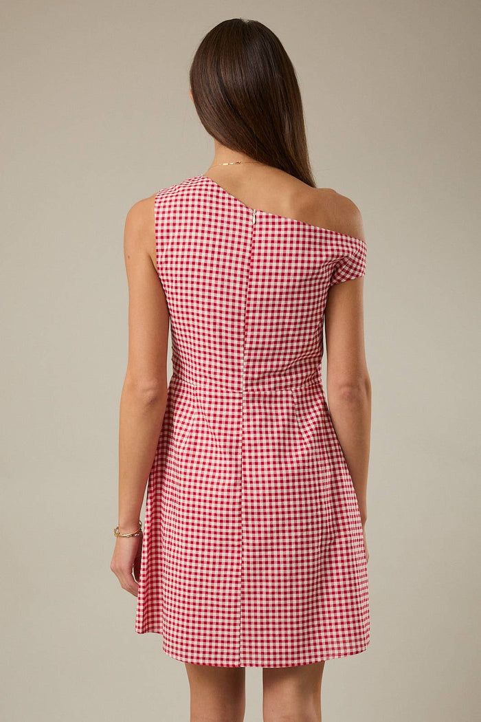 The Perfect Pick Asymmetrical Neck Red Gingham Mini Dress
