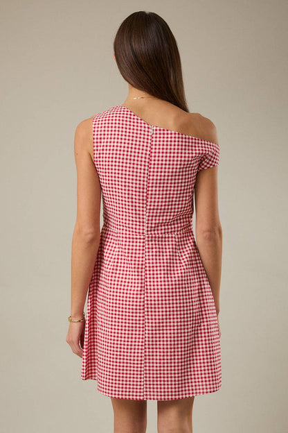 The Perfect Pick Asymmetrical Neck Red Gingham Mini Dress