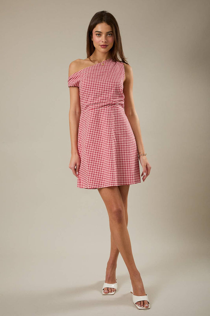 The Perfect Pick Asymmetrical Neck Red Gingham Mini Dress