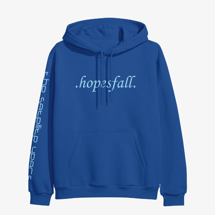 Royal blue pullover hoodie with "HOPESFALL" printed in light blue color in the center. Left sleeve has "THE SATELLITE YEARS" printed in light blue font.