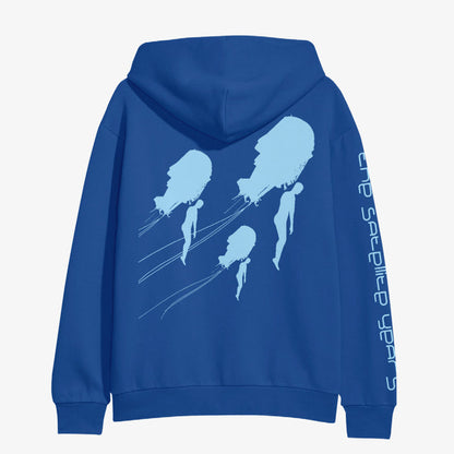 Back of hoodie has picture of 3 silhouettes floating near 3 satellites in light blue color.