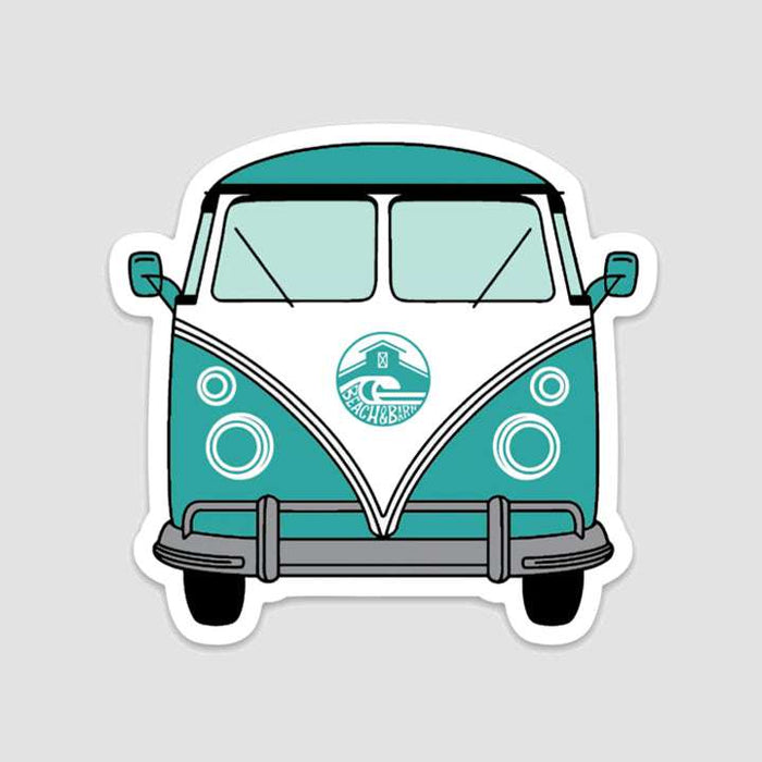 Illustration of a teal and white vintage van viewed from the front, with round headlights and a logo on the front that reads Beach Bum and shows a surfboard.