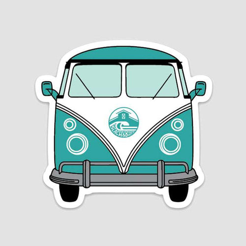 Illustration of a teal and white vintage van viewed from the front, with round headlights and a logo on the front that reads Beach Bum and shows a surfboard.