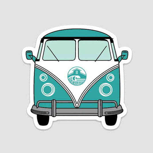 Illustration of a teal and white vintage van viewed from the front, with round headlights and a logo on the front that reads Beach Bum and shows a surfboard.