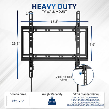 Heavy-duty TV wall mount with dimensions and features on a white background