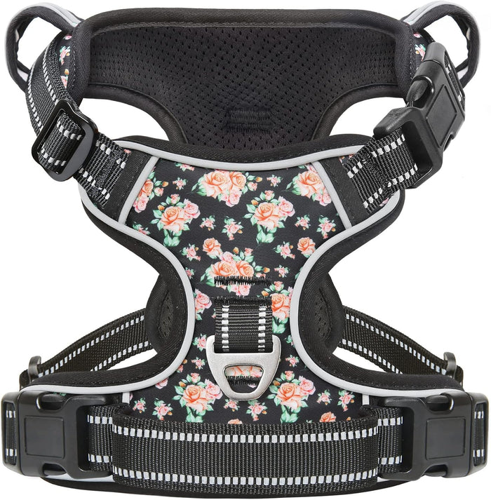 Timos Dog Harness 3 Snap Buckles NoPull Soft Padded Dog Vest With 2 Metal Leash Clips Small Dogs Black Rose S