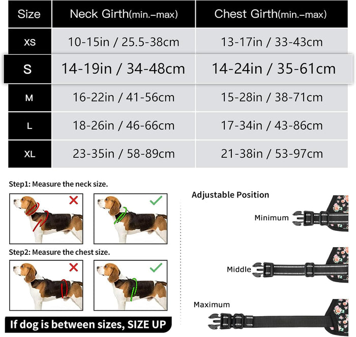 Timos Dog Harness 3 Snap Buckles NoPull Soft Padded Dog Vest With 2 Metal Leash Clips Small Dogs Black Rose S