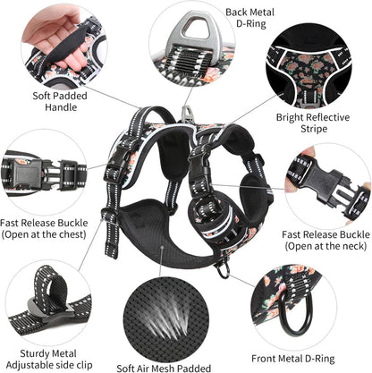 Timos Dog Harness 3 Snap Buckles NoPull Soft Padded Dog Vest With 2 Metal Leash Clips Small Dogs Black Rose S