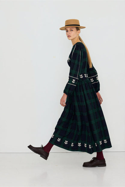 Tiny Big Sister Embroidered Check Puff Sleeves Blouse AW26-754 on model Shop Tiny Big Sister at Dotique