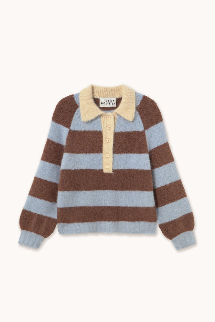 Tiny Big Sister Frank Striped Polo - Blue/Brown AW26-845 striped jumper Tiny Big Sister Shop Tiny Big Sister at Dotique