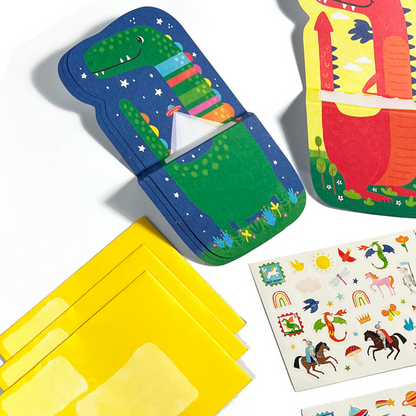 Tiny Tadas! Dinos & Dragons note card and sticker kit contents close up