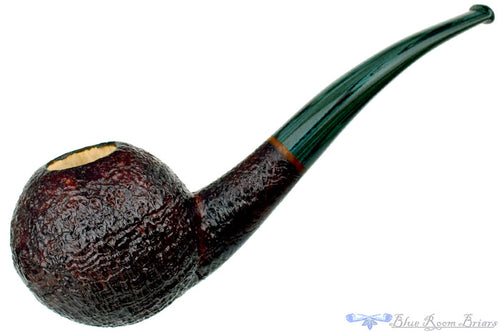 Blue Room Briars is proud to present this Todd Harris Pipe 1/4 Bent Sandblast Tomato with Jade Brindle