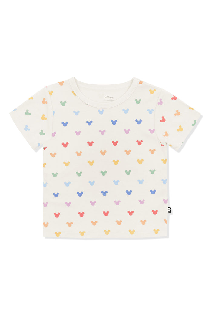 Toddler Basic Tee with Pastel Mickey Mouse pattern on an oat background
