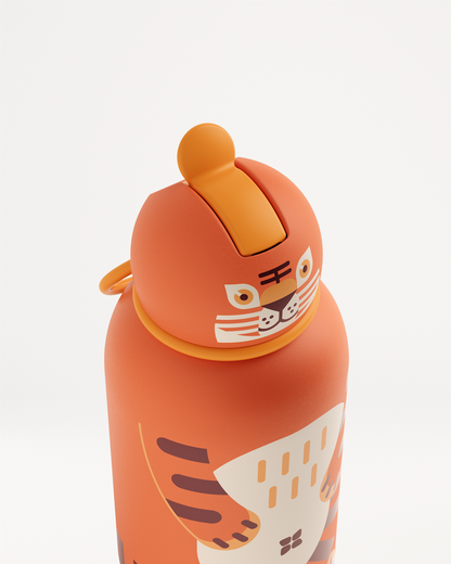 Toddler Bottle Steel with cartoon tiger design and flip-up spout.