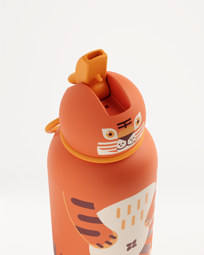Toddler Bottle Steel: Tiger-themed insulated stainless steel bottle for toddlers.