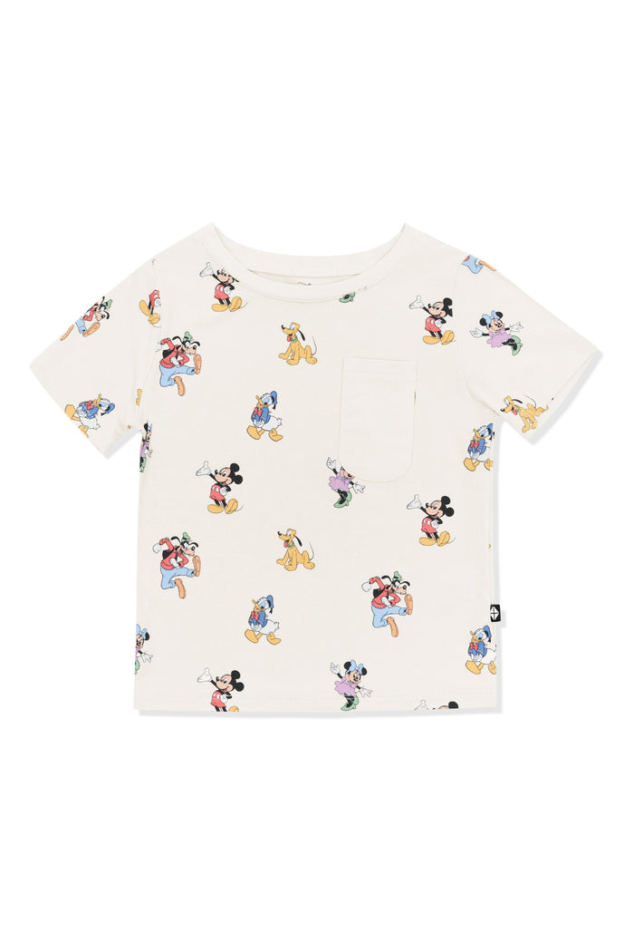 Toddler Crew Neck Tee with Mickey Mouse and Friends print on an oat background