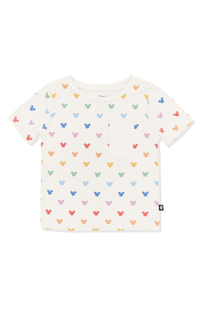 Toddler Crew Neck Tee with Pastel Mickey Mouse pattern on an oat background