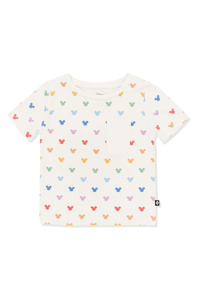 Toddler Crew Neck Tee with Pastel Mickey Mouse pattern on an oat background
