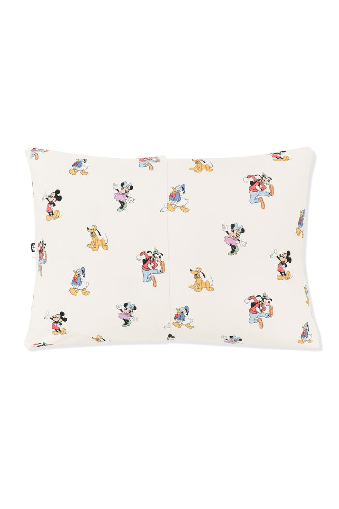 Back side of Toddler Pillowcase in Mickey Mouse and Friends print on an oat background
