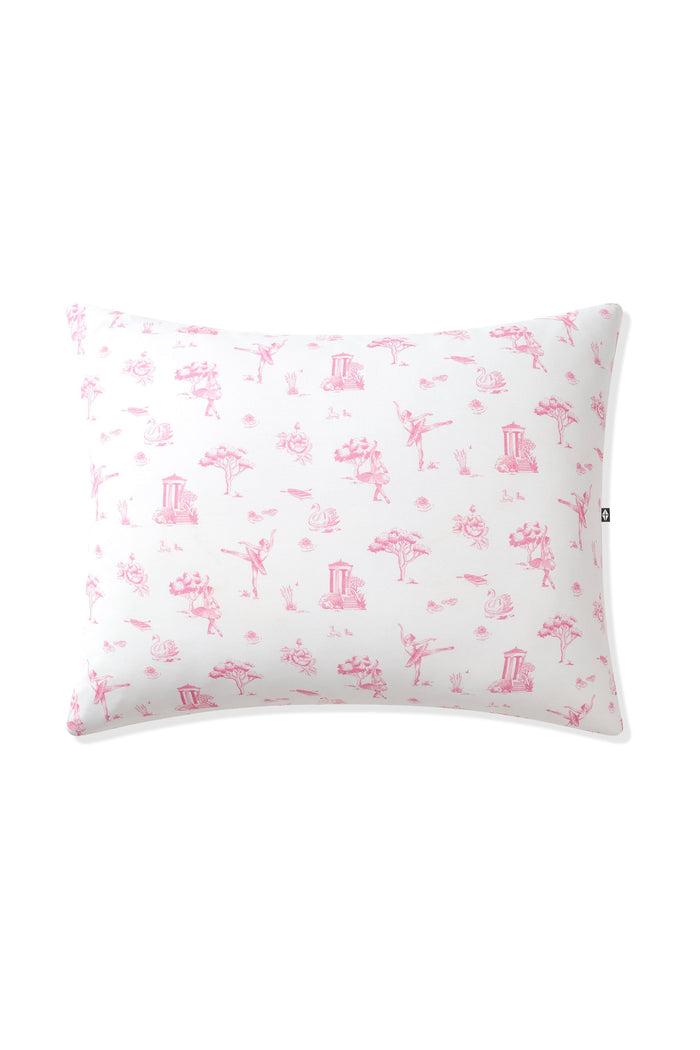 Front of the Toddler Pillowcase in Toile Ballet on a pillow