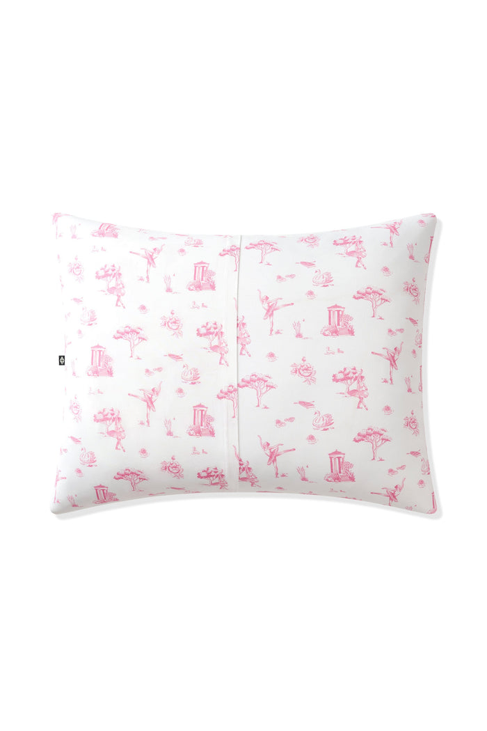 The back of the Toddler Pillowcase in Toile Ballet showing the envelope closure on a pillow