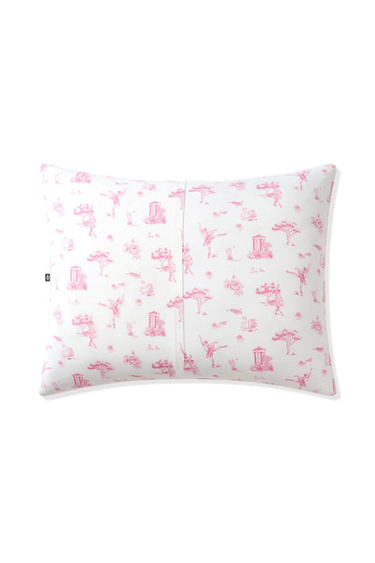 The back of the Toddler Pillowcase in Toile Ballet showing the envelope closure on a pillow