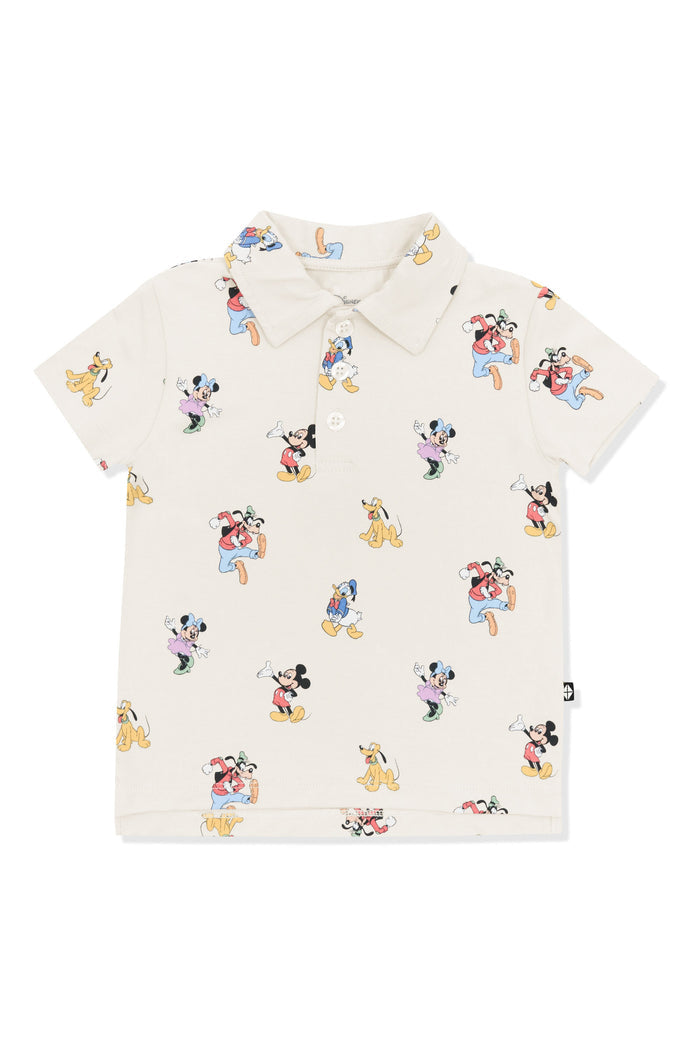 Toddler Short Sleeve Polo with Mickey Mouse and Friends print on an oat background
