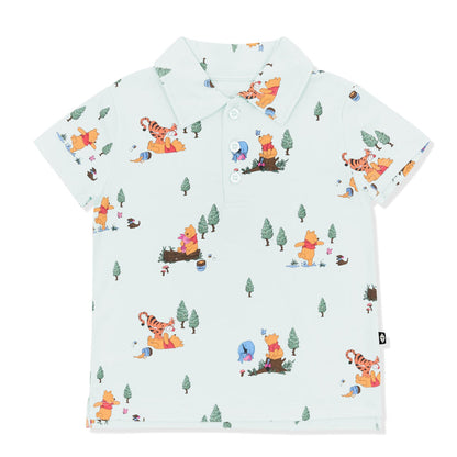 Product photo of the Toddler Short Sleeve Polo in Winnie the Pooh Hundred Acre Wood shown on a white background