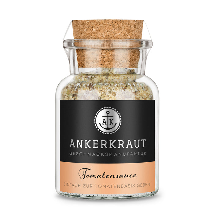 Tomatensauce Gewürze von Ankerkraut im Korkenglas auf weißem Hintergrund.