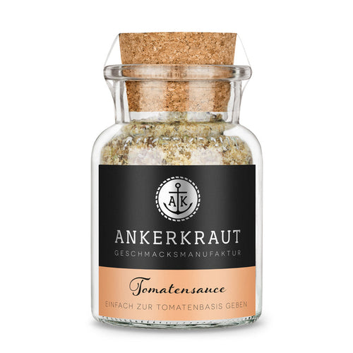Tomatensauce Gewürze von Ankerkraut im Korkenglas auf weißem Hintergrund.