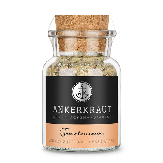 Tomatensauce Gewürze von Ankerkraut im Korkenglas auf weißem Hintergrund.