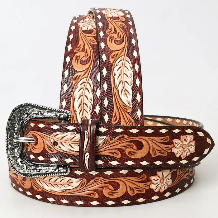 Tooled Leather Western Belt - Feather & Floral Carving with White Diamond Edge and Silver Buckle