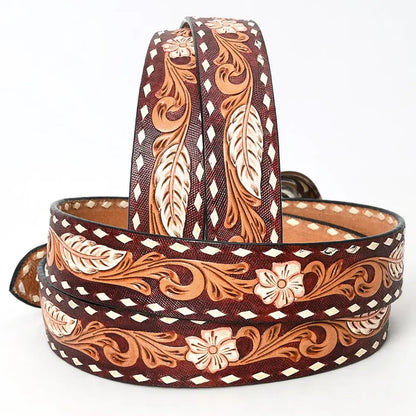 Tooled Leather Western Belt - Feather & Floral Carving with White Diamond Edge and Silver Buckle
