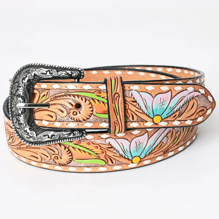 Tooled Leather Western Belt - Pastel Blue & Pink Floral Design