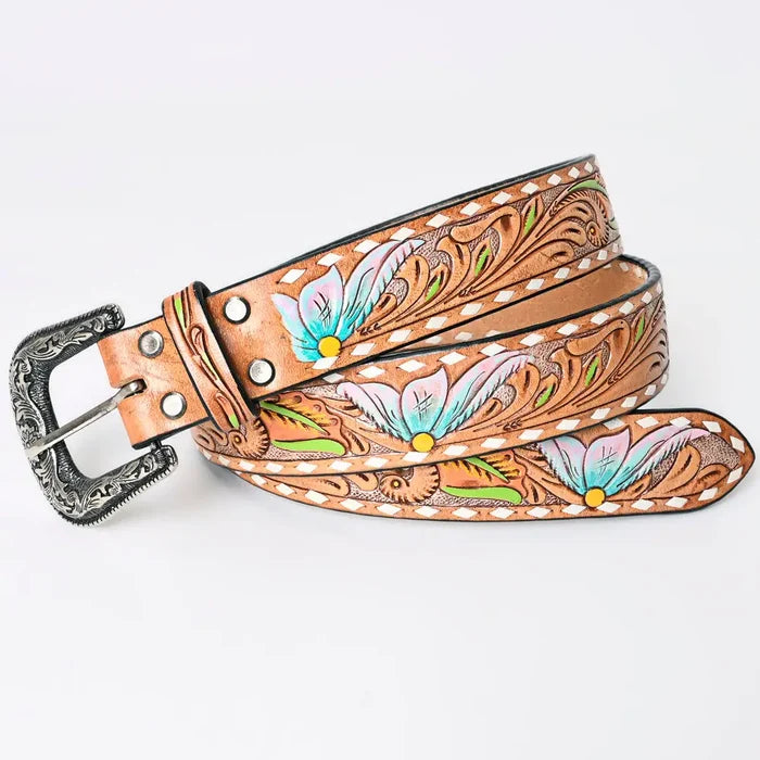Tooled Leather Western Belt - Pastel Blue & Pink Floral Design