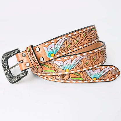 Tooled Leather Western Belt - Pastel Blue & Pink Floral Design